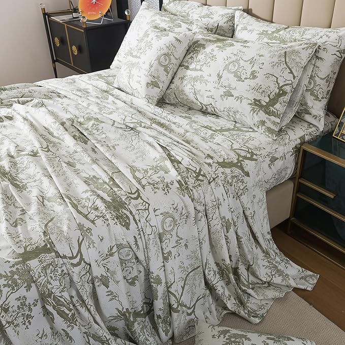 FADFAY Toile Sheets Set Queen Sage Green Toile de Jouy Bedding Pastoral Print French Country Bedding 100% Egyptian Cotton Farmhouse Sheets Breathable Soft 4Pcs Deep Pocket Sheet Set for All Seasons