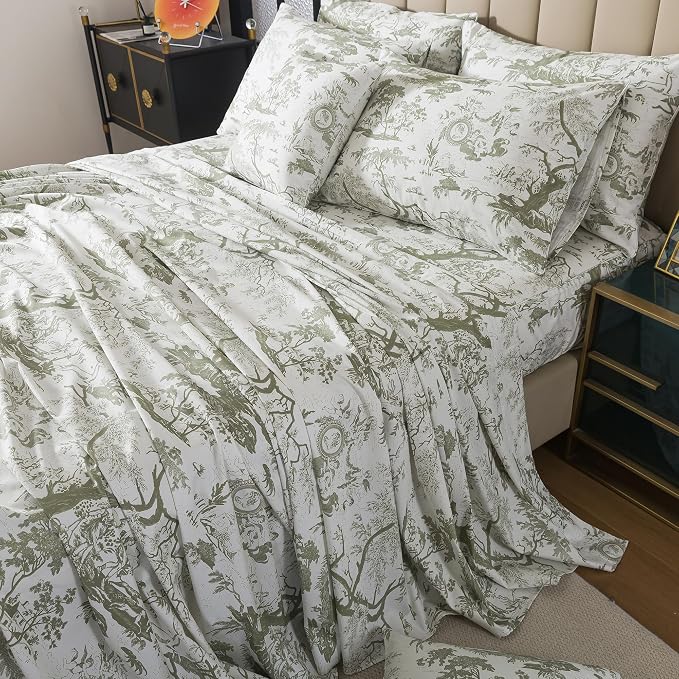 FADFAY Toile Sheets Set King Sage Green Toile de Jouy Bedding Pastoral Print French Country Bedding 100% Egyptian Cotton Farmhouse Sheets Breathable Soft 4Pcs Deep Pocket Sheet Set for All Seasons