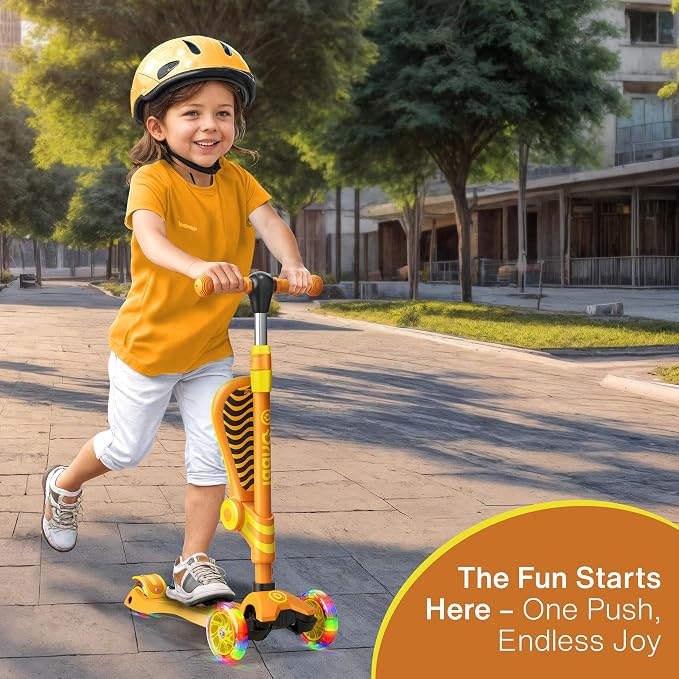 Orange 3 Wheel Scooter with Seat for Kids, Light-Up Wheels, Adjustable Lean to Steer Handlebar and Seat, Smooth Wheels, Wide No-Slip Deck, Rear Foot Brake, Toddler Outdoor Toys for Ages 2+