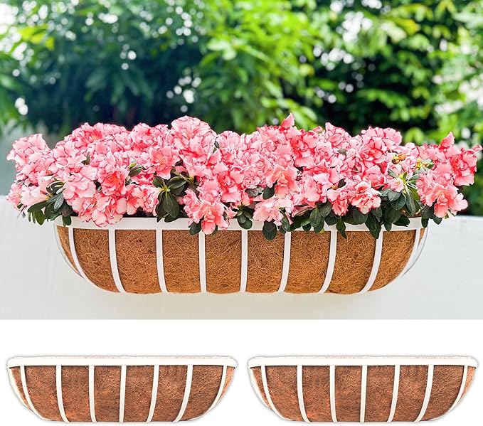 LaLaGreen Window Planter Box (24 Inch, 2 Pack) White Metal Deck Railing Flower Boxes with Coco Liners, Rectangular Wall Planters for Outdoor Plants Horse Troughs Fence Balcony Garden Herb Patio Porch