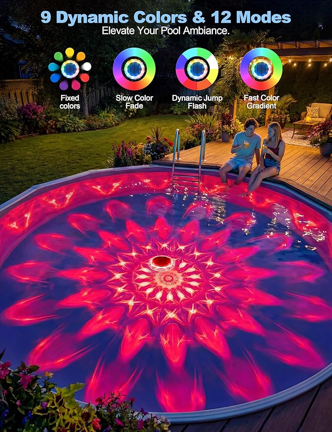 APONUO Solar Pool Lights, IP68 Waterproof Floating Pool Lights with Remote& Button Control, 9 Lighting Colors& 3 Modes Pool Solar Light, Timer&Memory, Floating Light for Pool, Party, Bathtub (3 Pack)