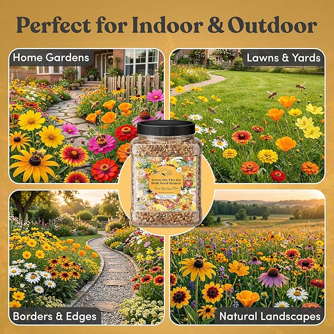 Wildflower Seed Mix 1LB Tub - Save The Bees Seed Mix, by GevaGrow | Bulk 300,000+ Seeds | Pollinator & Bee Attracting Flower Seeds Bulk for Planting in Pots & Outdoor Gardens | 1 Pound Tub