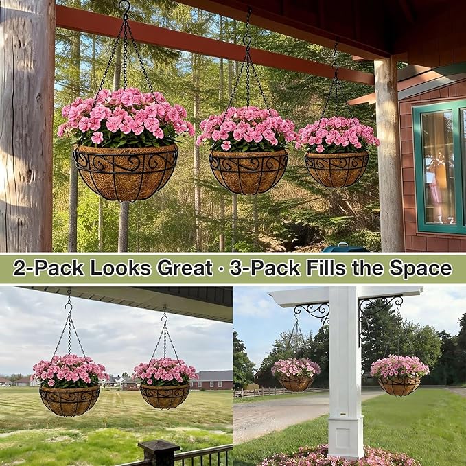 12 Inch Hanging Baskets for Plants Outdoor, 2 Pack Metal Wire Hanging Planters with Coco Coir Liners, Rust-Resistant Flower Basket with Chains & Hooks for Garden Patio Porch Deck Balcony