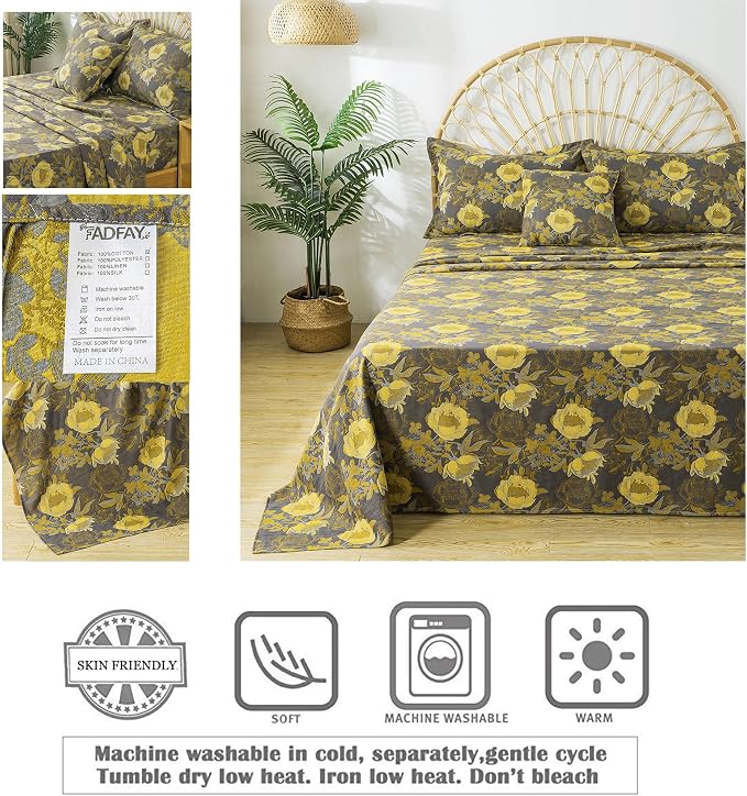 FADFAY Floral Sheets Set Queen Vintage Grey Yellow Floral Bedding Shabby Peony Farmhouse Bedding Super Soft Washed Double -Layer Muslin Sheets 100% Cotton Deep Pocket Fitted Sheet 4Pcs, Queen Size