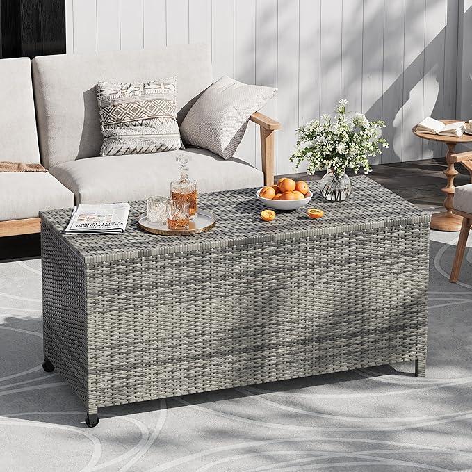 125-Gallon Outdoor Deck Box with Wheels, Waterproof PE Rattan & Aluminum Frame Storage Bin, Lockable Patio Furniture Chest for Cushions, Garden Tools, Pool Toys, Gray