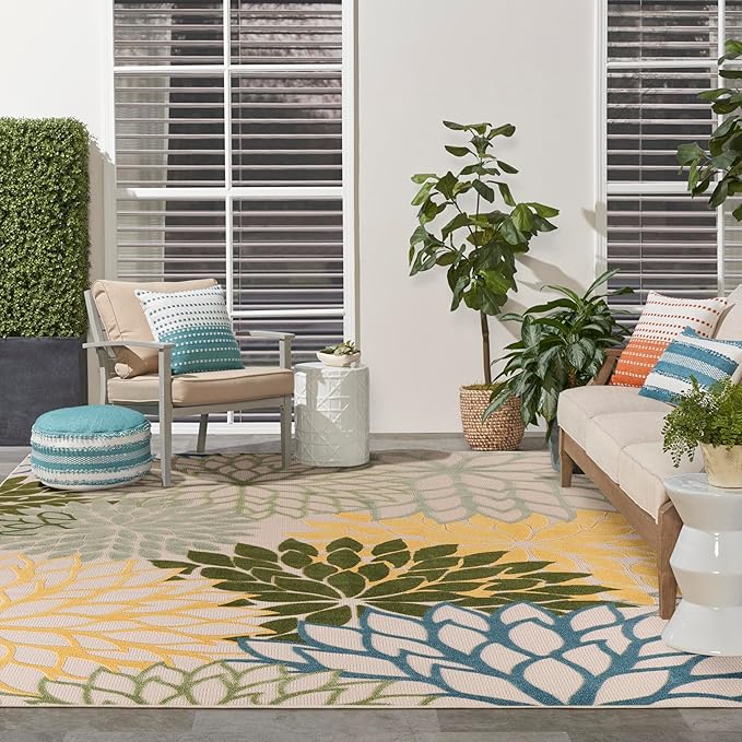 Nourison Home Aloha Indoor/Outdoor Green Multicolor 9' x 12' Area Rug, Easy-Cleaning, Non Shedding, Bed Room, Living Room, Dining Room, Backyard, Patio, Deck (9x12)