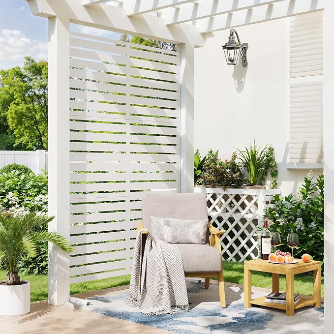 Garvee Outdoor Metal Privacy Screen, 47" W x72 H Decorative Privacy Fences White Panel with Stand, Freestanding Metal Sreens, for Indoor Garden Patio Balcony Poolside Yards, White