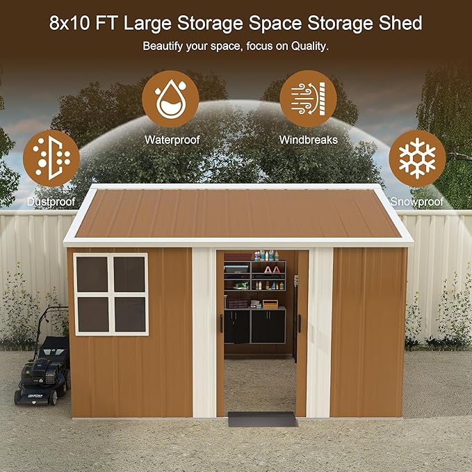 YOPTO 8x10 FT Outdoor Storage Shed,Metal Shed W/Lockable Doors,Windows & 4 Air Vents,Weatherproof Garden Tool House W/Sloped Roof,for Backyard,Lawn,Tool Organization,Brown