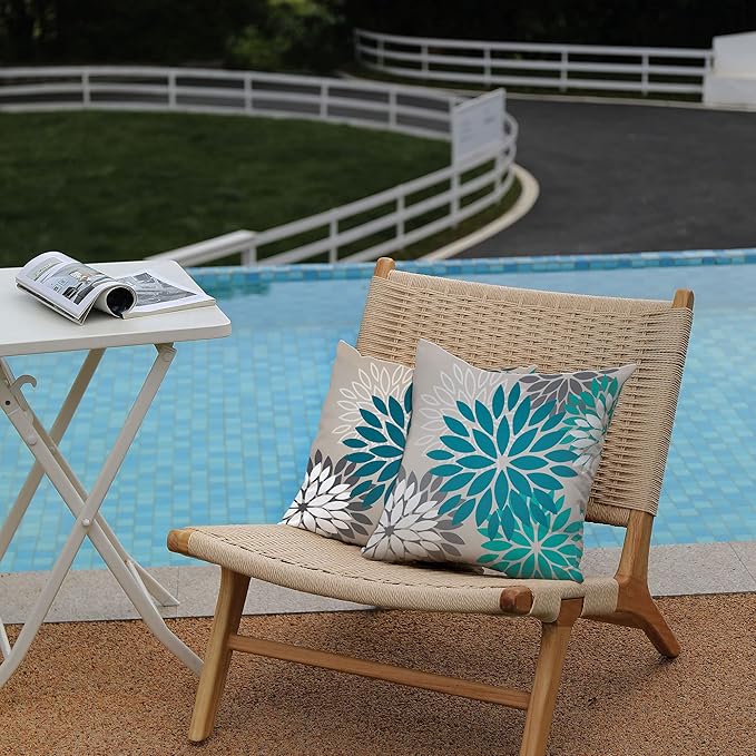 DFXSZ Dark Blue Green Outdoor Pillow Covers 18X18 Inch Set of 2 Spring Teal Flower Pillow Case Outdoor Waterproof Decor for Patio Funiture Garden Polyester Pillow Covers 002D18