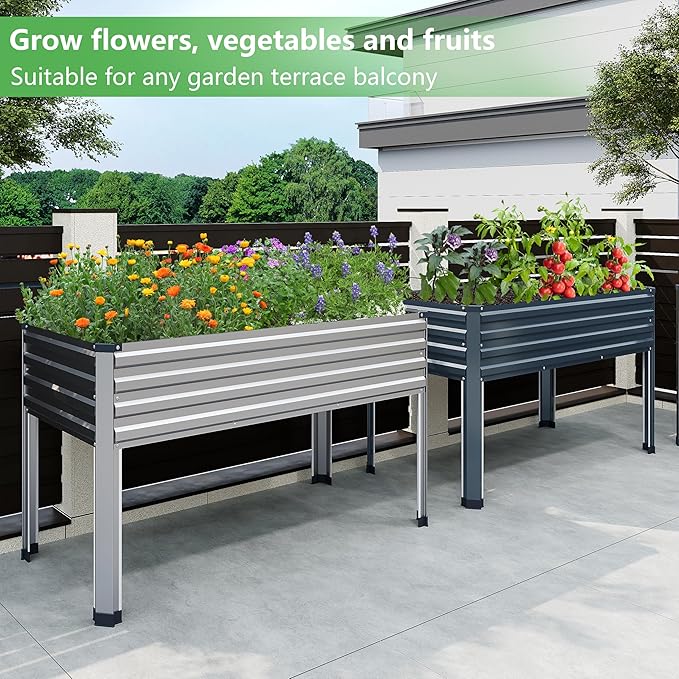DIIYIV Galvanized Raised Garden Bed with Legs,2PCS 48×24×30in Elevated Planter Box for Backyard,Outdoor Garden, Patio, Balcony, 350lb Capacity,Silver