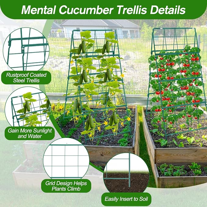 Cucumber Trellis for Raised Bed A Frame Metal Garden Trellis for Climbing Plants Outdoor, 42 x 32IN Foldable Coated Steel Cucumbers Trellis for Vegetable Fruit Flower