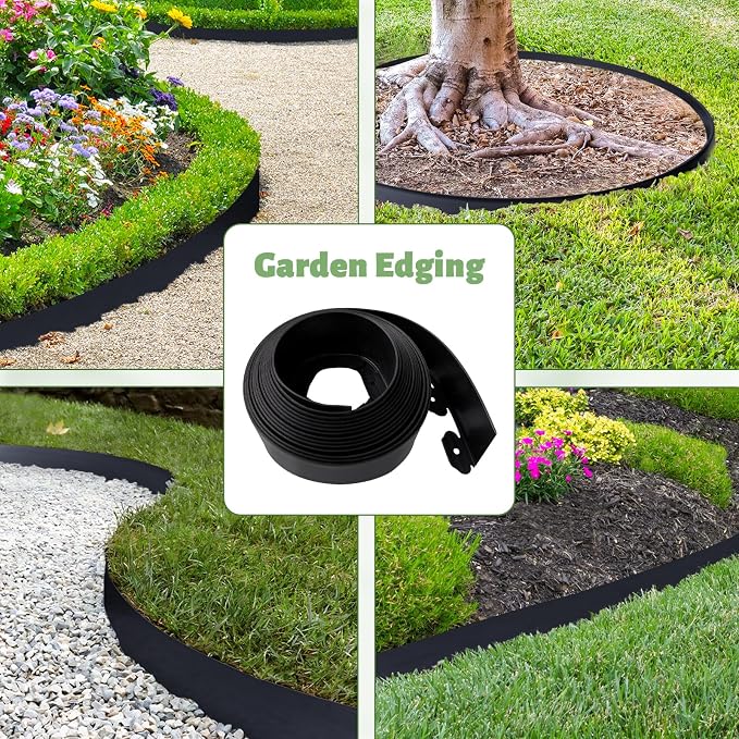 Landscape Edging - 2" High x 66 FT, Plastic Garden Edging Border with 200 Plastic Spikes, No Dig Lawn Edging for Lawn, Flower Beds, Yard, Garden Bed and Landscaping