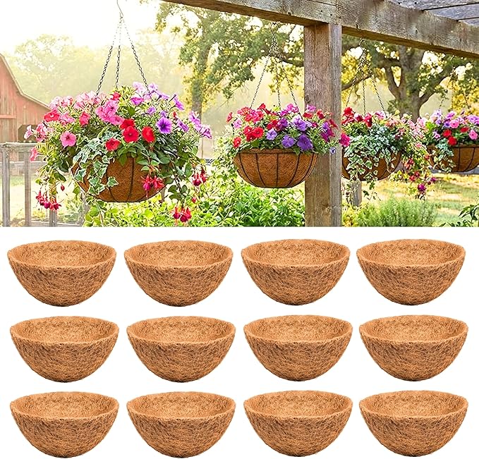 LaLaGreen 12'' (12 Pack, Round) Coco Liners for Hanging Basket – Small Coir Fiber Replacement for Flower Pot, Garden Holder, DIY Outdoor Planter – Multi Sizes 8/10/14/16/18/20 Inch & Different Shapes
