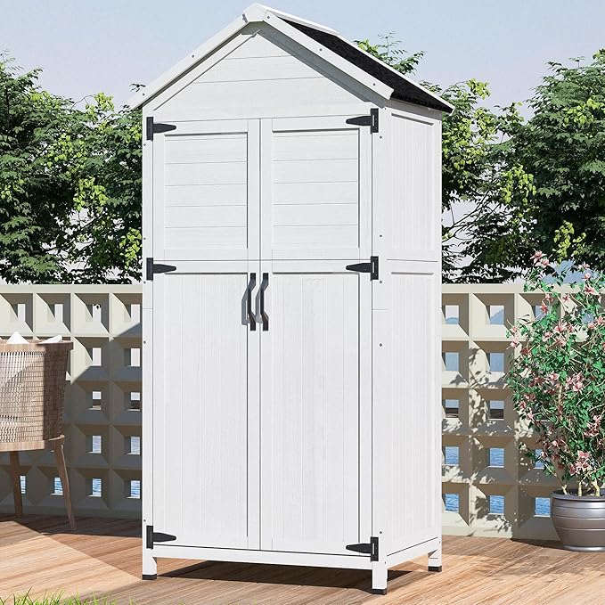 Christopher Knight Home Neapo 67" Outdoor Storage Shed, Spacious Storage Garden Tools Shed, Fire Wood Tall Sheds, Two Open Doors, Wooden Panel Design, Easy Organize Lawn Mowers, Shovels, Pots, White