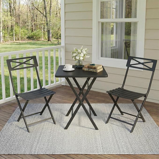 GarveeTech 3-Piece Folding Bistro Set, Heavy Duty Outdoor Patio Furniture with 2 Chairs & 1 Table, Weather-Resistant Steel Frame, No Assembly Required for Garden, Yard, Balcony,Black