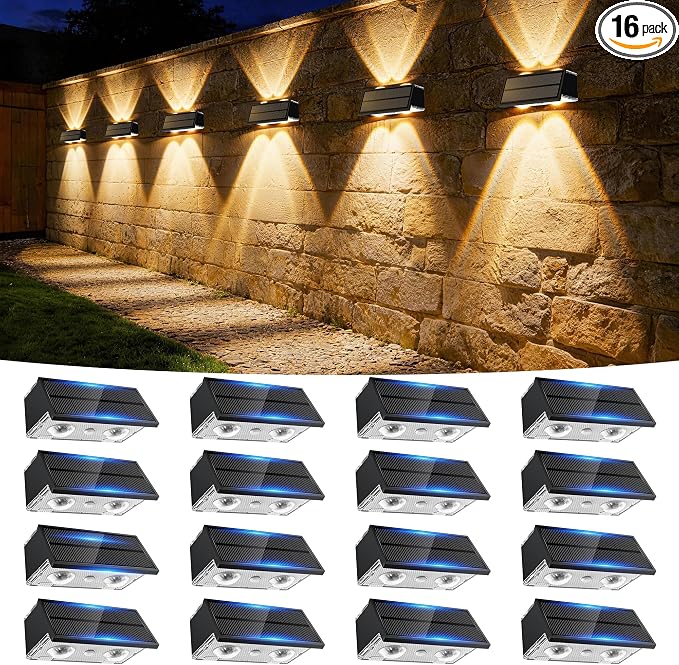 Solar Fence Lights Outdoor, 16 Pack 100LM Fence Lights Solar Powered Waterproof, 9 Color Modes, Up & Down LED Focused Beam, 12H Dusk to Dawn Glow for Pool/Patio/Wall/Backyard - Black