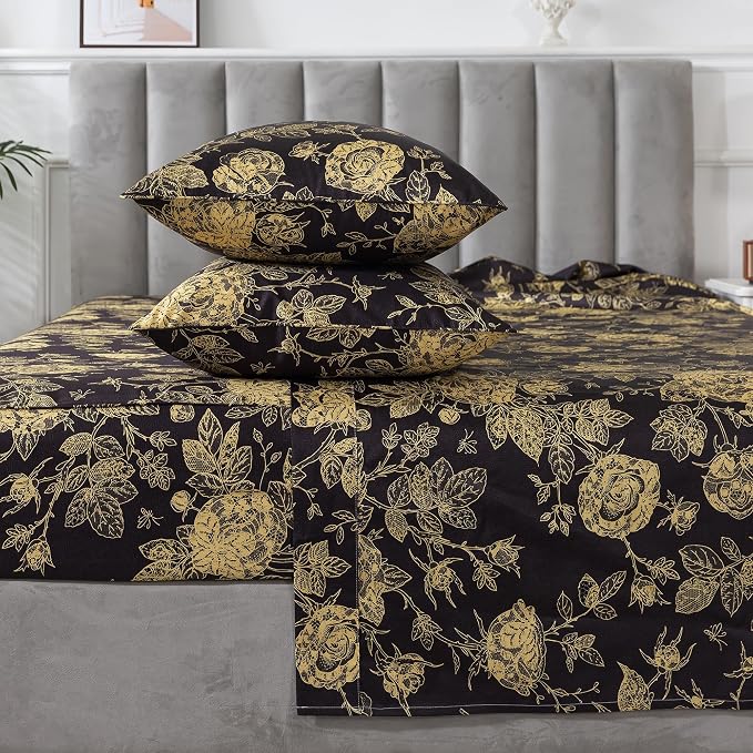 FADFAY Rose Sheets Set Cal King Vintage Black Gold Floral Bedding Shabby Peony Botanical Sheets Farmhouse Bedding 800 Thread Count 100% Egyptian Cotton Deep Pocket Fitted Sheet 4Pcs, California King
