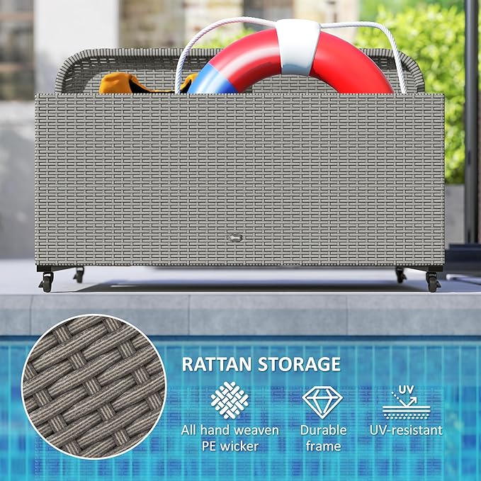 Outsunny Wicker Patio Pool Float Storage Basket, PE Rattan Outdoor Pool Caddy with Rolling Wheels for Floaties, Noodles, Life Vests, Beach Balls, Patio Furniture, Mixed Gray