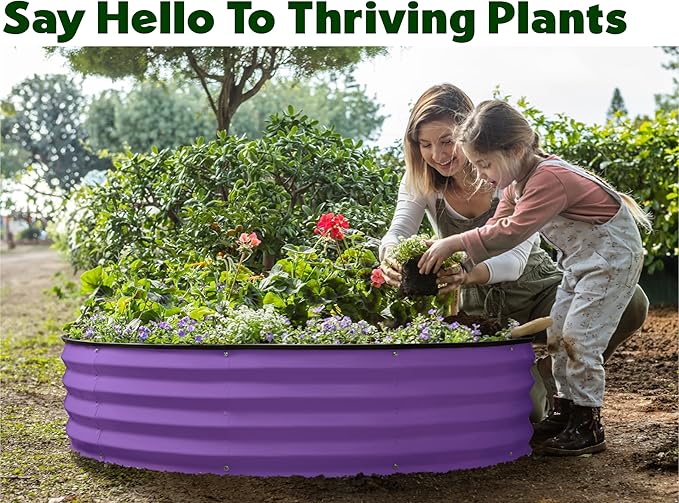 Plant & Plot Round Galvanized Raised Garden Bed // 4×4×1 ft (2-Pack) Galvanized Raised Garden Beds Outdoor for Gardening, Vegetables, Flowers // Patented Tool-Free Design Round Planter (Purple)