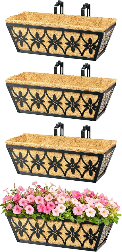 16 Inch Window Boxes Planters Railing Planter Box - 2 Pack Deck Railing Planter Boxes with Adjustable Brackets Coco Liners Balcony Planters Railing Hanging for Window Flower Boxes Outdoor Garden Decor