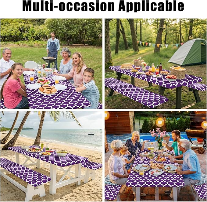Smiry Picnic Table Cover with Bench Covers, Waterproof Elastic Fitted Tablecloth for 5 Foot Tables, Washable Polyester Tablecloths for Camping, Indoor & Outdoor (Purple, 30x60 Inch 3-pc Set)