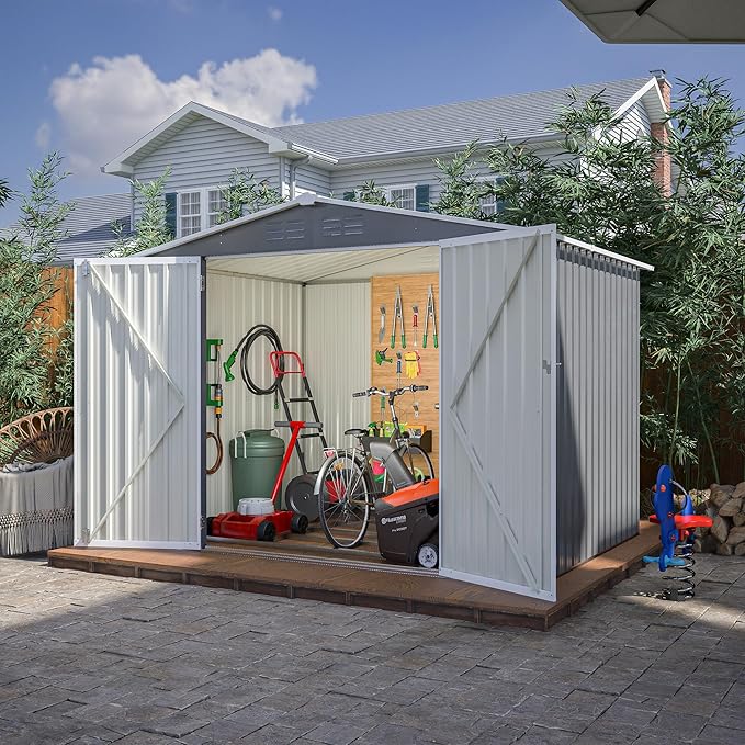 YOPTO 8 x 6 FT Outdoor Storage Shed with Floor Frame,Utility Metal Tool Storage with Lockable Doors,Air Vents & Waterproof Roof, Large Garden Shed for Backyard, Patio Lawn,Gray