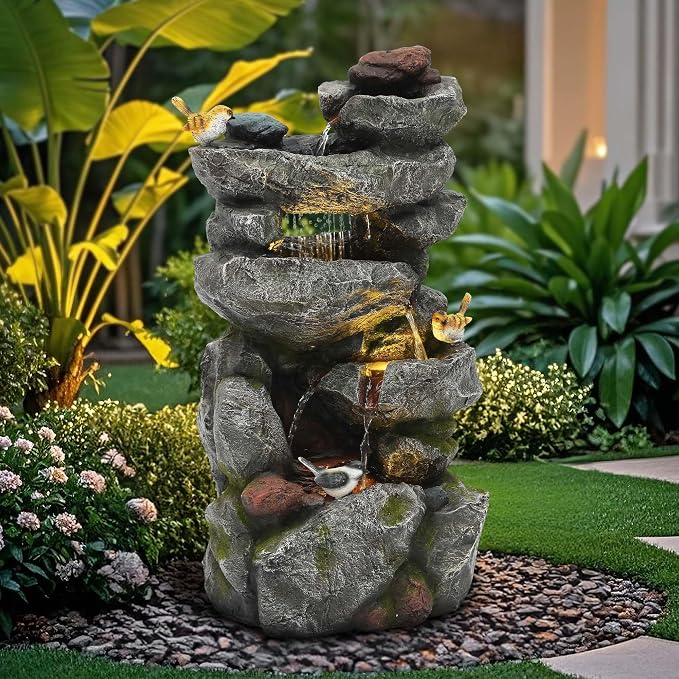 AUTODAYA 31.5" H Multi-Tier Rock Outdoor Water Fountain with LED Lights and Pump, Garden Fountain Waterfall for Patio, Porch, or Yard