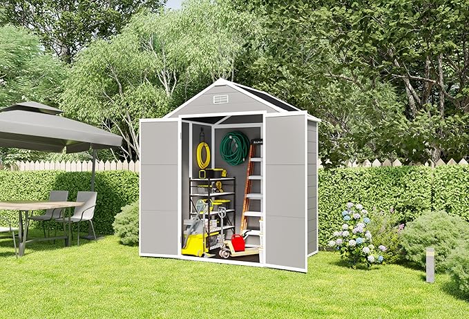 YOPTO 6x5 FT Resin Storage Shed,Garden House with Floor & Lockable Door,Waterproof Plastic Tool Sheds W/Slanting Roof Visual Window & Air Vents for Bicycles,Lawnmowers,Lawn,All Weather Use,Gray