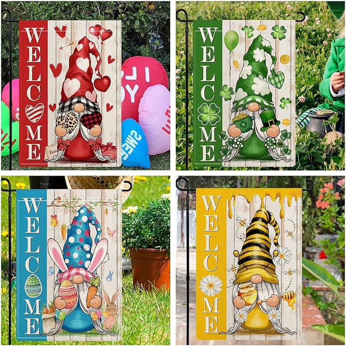 Gnome Garden Flags for Outside Set of 12, Welcome Seasonal Garden Flags 12x18 Double Sided, Gnomes Holiday Lawn Flags, Gnome Winter Spring Outdoor Garden Flag for Yard Farmhouse Decor