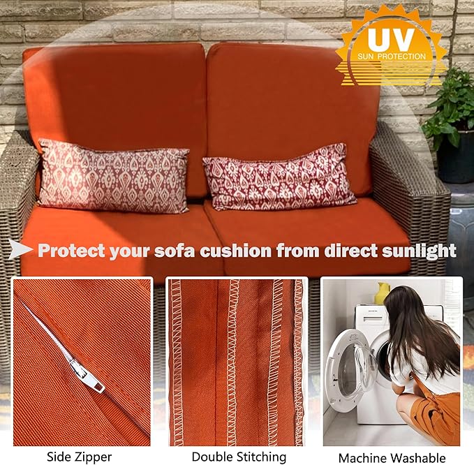 Sqodok Patio Cushion Covers, Waterproof Outdoor Cushion Covers Replacement, Patio Cushion Seat Slicovers for Sectional Sofa, Chair, Outdoor Wicker Patio Sofa (Spice, 24"x22"x4"-2 Pack-Cover ONLY)