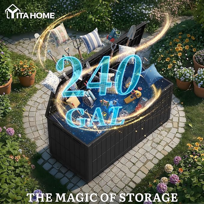 YITAHOME 240 Gallon Large Outdoor Storage Box XXL Resin Deck Box with Lock, Extra-Large Waterproof Patio Furniture Bin and 3-Person Bench Seating for Garden Tools & Pool Accessories, Black
