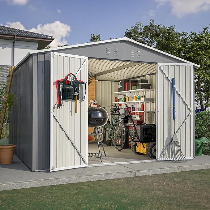 YOPTO 10×10 FT Outdoor Storage Shed,Metal Aluminum Waterproof Tool Sheds with Doors and Vents,Heavy-Duty Sheds Unit W/Lock and Key,for Storing Bicycles,Lawnmowers,Barbeques,Gray