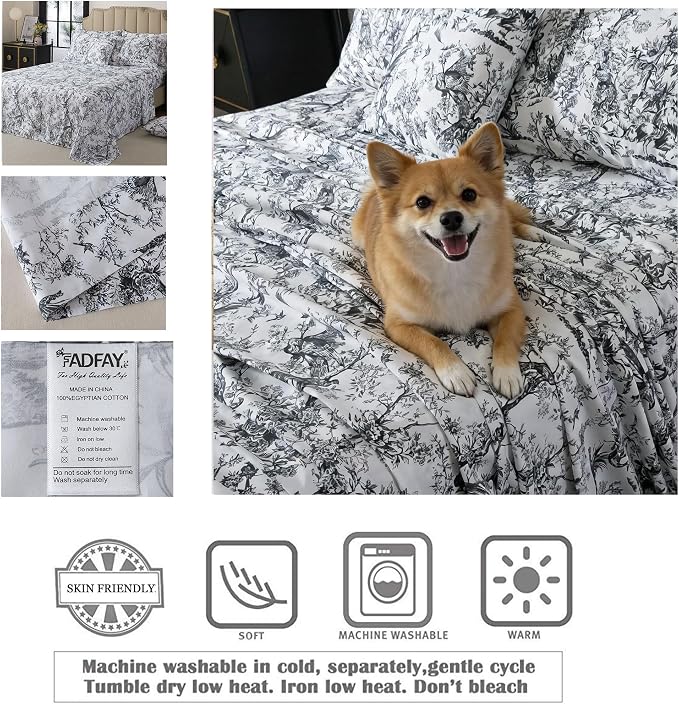 FADFAY Bird Sheets Set Twin 100% Egyptian Cotton Black and White Toile de Jouy Bedding Vintage Rose Floral Farmhouse Bedding Shabby Chinoiserie French Country Sheets Deep Pocket Soft Breathable 4Pcs