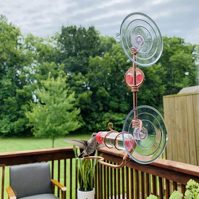 Window Hummingbird Feeder | Handcrafted Copper and Aluminum | Multiple Stations | Modern Hummingbird Feeder | Home Décor | Glass Bottles | Suction Cups (Copper, Two Station)