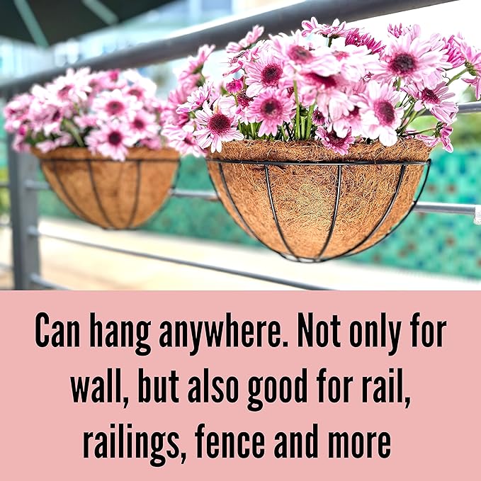LaLaGreen Large Wall Flower Baskets, 4 Pack, 16 Inch Rail Planter for Outdoor Plants, Metal Wire Plants Holders with Coco Liner Outside Fence Balcony Garden Pots Railings Hanging Deck Porch Decor