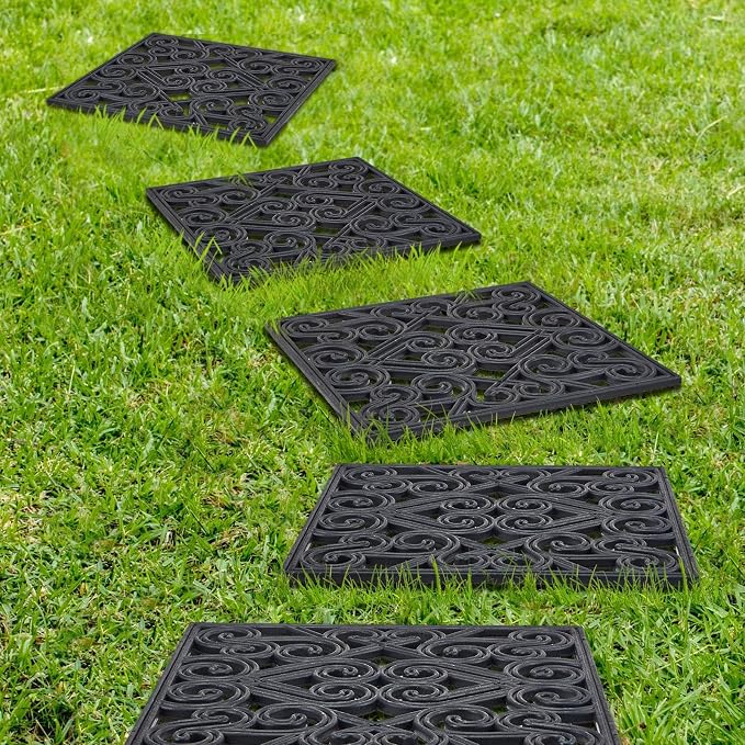 Pangda 16 Pack Rubber Stepping Stones Outdoor 15x15 Inch Garden Path Tiles Non Slip Walkway Pavers Heavy Duty Decorative Mats for Outside Patio Lawn Pathway Gravel Dirt Grass Yard (Black)