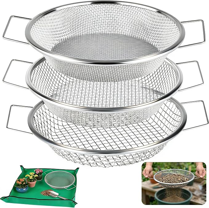 3PCS Soil Sifter for Gardening with Handles - Rock Compost Dirt Sifter for 5 Gallon Bucket, 1/4in,1/8in,3/8in Mesh Garden Sifting Screen Gravel Sawdust Vermicompost with Repotting Mat