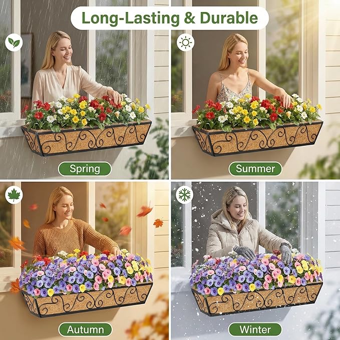 Y&M 6Pcs 30 Inch Large Window Box Railing Planter with Coco Liner, Outdoor Window Flower Boxes Over The Railing Planter Boxes Deck Fence Porch Patio Planter-Butterfly