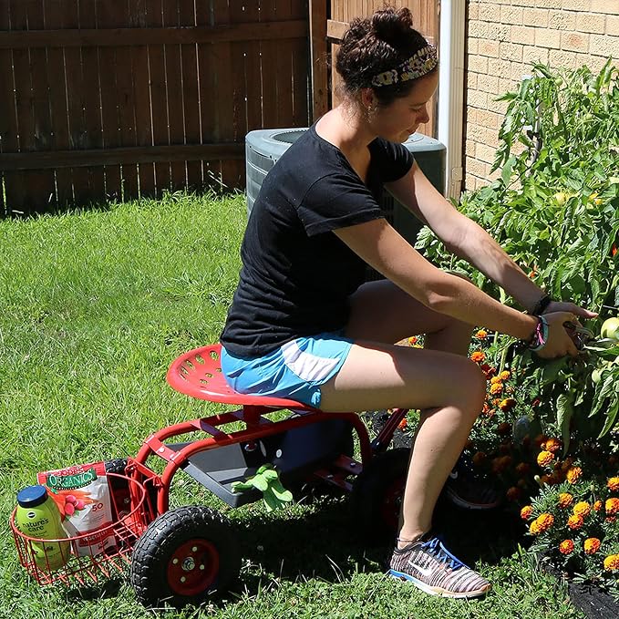 Sunnydaze Garden Cart with Wheels - Garden Stool on Wheels - Rolling Gardening Seat with Extendable Handle - Swivel Seat - Red