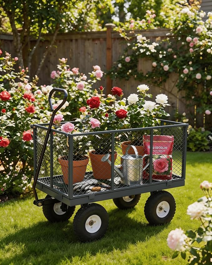 GarveeTech 400LBS Heavy Duty Steel Garden Cart, Garden Wagon Cart on Wheels, Metal Yard Utility Wagon with Removable Mesh Sides, 10" All Terrain Tires, 180° Rotating Handle for Lawn, Garden, Farm