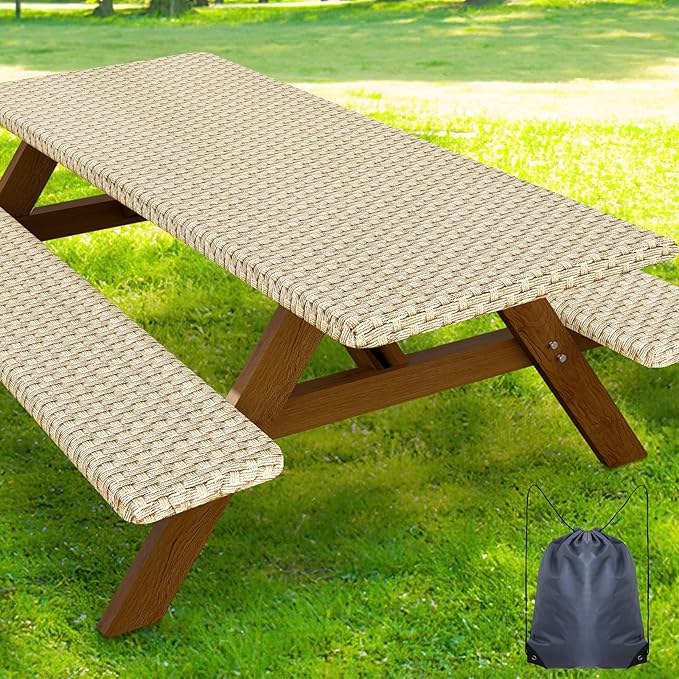 Smiry Picnic Table Cover with Bench Covers, Waterproof Elastic Fitted Tablecloth for 8 Foot Tables, Washable Polyester Tablecloths for Camping, Indoor & Outdoor (Champagne, 30x96 Inch 3-pc Set)