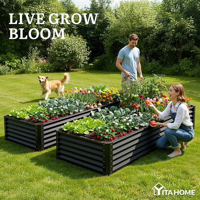 YITAHOME 6x3x1.5ft Large Raised Garden Bed Kit, Galvanized Metal Planter Box with Gloves, Support Rod, Outdoor Above Ground Planters for Plants, Vegetables, Flowers, Black