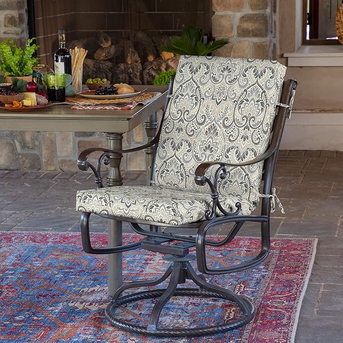 Arden Outdoor Patio Dining Chair Cushion, 20x44, Rain-Proof Seat Pad, Fade-Resistant Outdoor Cushion Neutral Aurora Damask