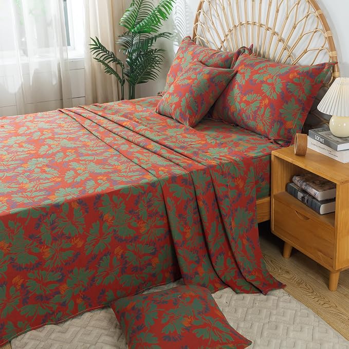 FADFAY Floral Sheets Set Queen Vintage Red Green Floral Bedding Shabby Maple Leaf Farmhouse Bedding Super Soft Washed Double -Layer Muslin Sheets 100% Cotton Deep Pocket Fitted Sheet 4Pcs, Queen Size