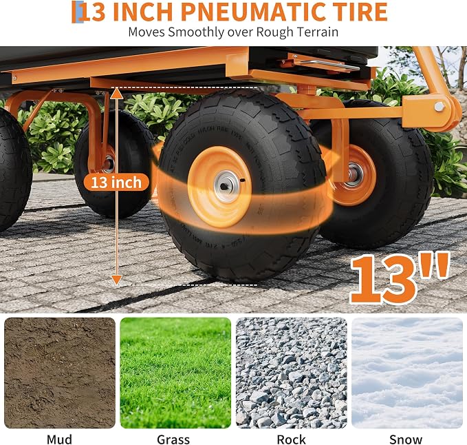 Heavy Duty Garden Dump Cart with 1200 Lbs Capacity – 4 Cu.Ft Yard Utility Wagon with 10" All-Terrain Tires, 180° Adjustable Handle & Quick-Release Tipping for Soils, Plants & Tools, Black