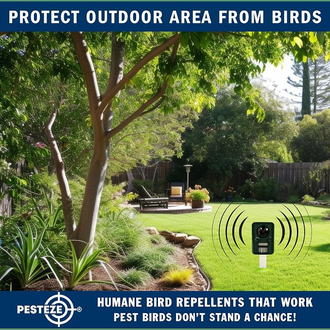PESTEZE USA Solar Ultrasonic Bird Repeller– Motion-Activated Deterrent with Ultrasonic Sound to Deter Birds, Geese, Pigeons, Crows, & Small Critters; Outdoor Powered Device for Humane Yard Protection