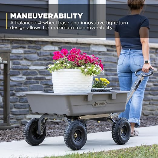 Gorilla Carts Heavy-Duty Poly Dump Cart, 5 Cu Ft Tub, 800 lb Haul Capacity, Gray – Towable Utility Wagon with Quick-Release Dumping & Pneumatic Tires for Yard, Landscaping and Gardening