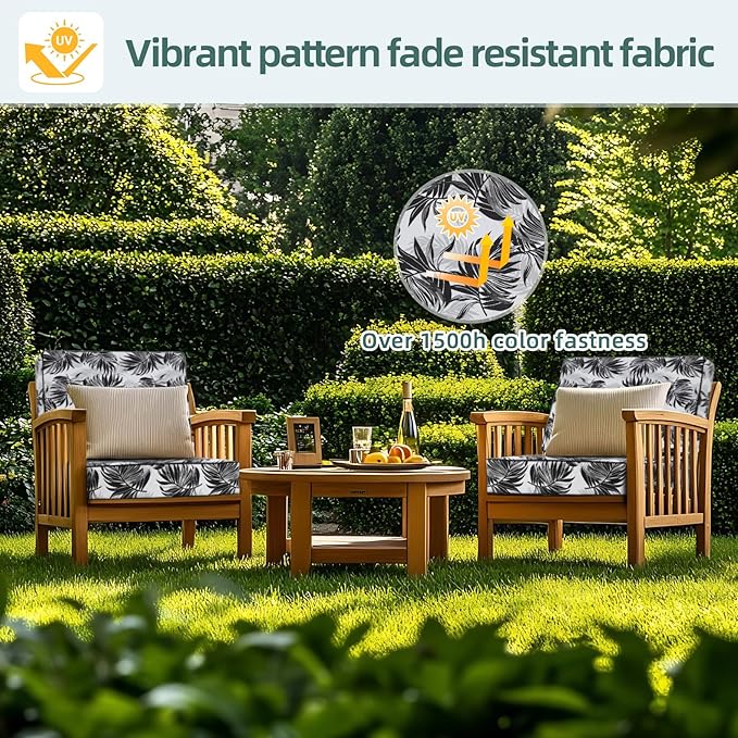 Favoyard Deep Seat Patio Cushion 19 x 19 x 3 in Waterproof Seat & Back Cushion Set with Color Fade Resisitant Pattern, Portable Handle, Attach Straps, Zipper on Removable Cover for Outdoor Furniture