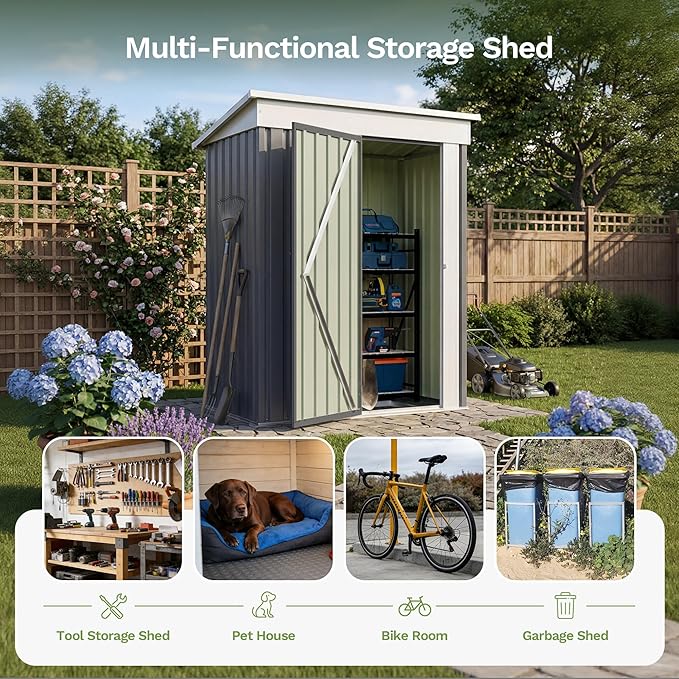 Greesum 5x3FT Outdoor Storage Shed with Base, Utility Tool Shed with Sloping Roof, Metal Storaged Garden Shed with Door & Lock for Patio Storage, Gray