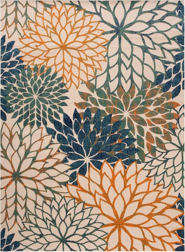 Nourison Home Aloha Indoor/Outdoor Blue Green 10' x 14' Area Rug, Easy Cleaning, Non Shedding, Bed Room, Living Room, Dining Room, Backyard, Deck, Patio (10x14)